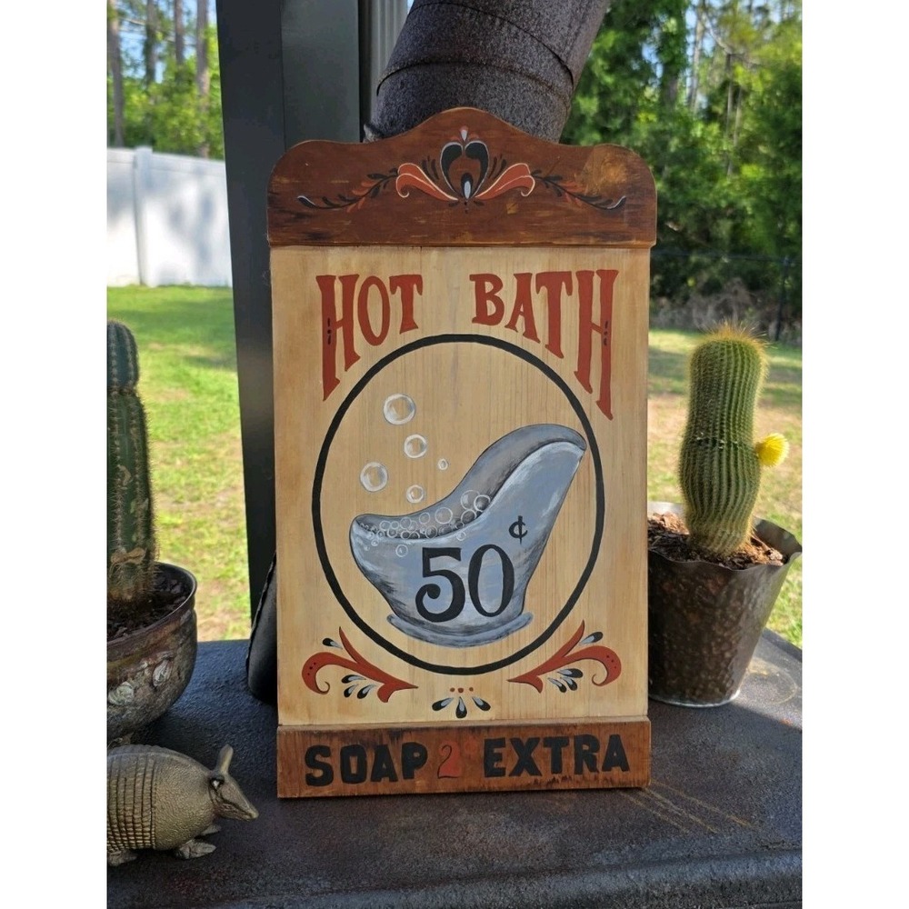 VTG Hot Bath Wood Sign 20x11 Bathroom Decor Farmhouse Tub Soap 50¢ Wall Art